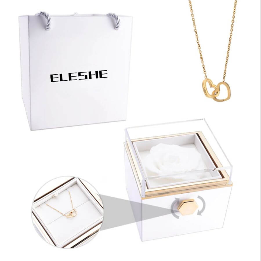 Colar Coração unido com caixa rotativa e rosa preservada